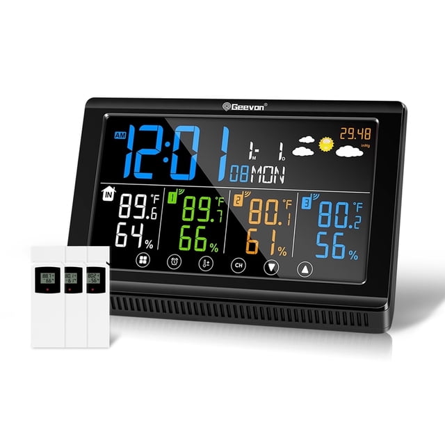 Geevon Weather Station Indoor Outdoor Thermometer, Digital Display Thermometer Hygrometer with 3 Sensors, AC Adaptor and Adjustable Backlight, Temperature Humidity Monitor for Home Office Bedroom