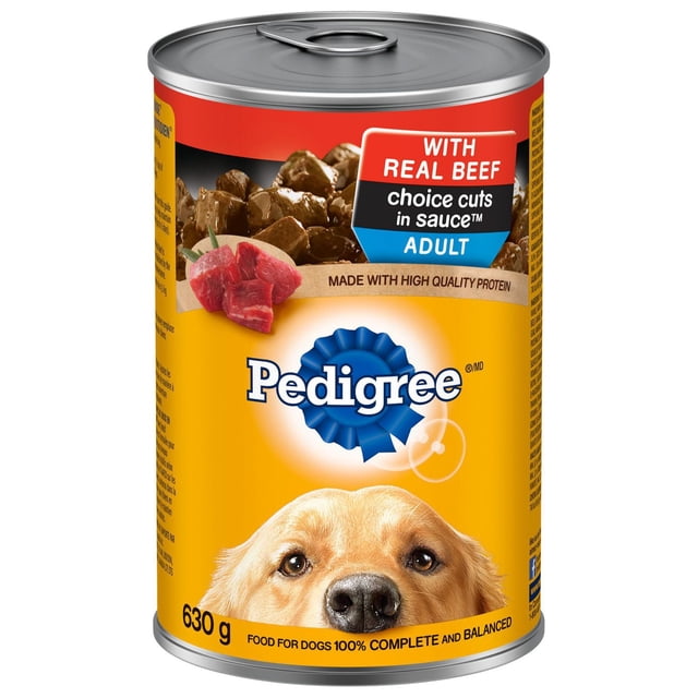 Pedigree Choice Cuts In Sauce Adult Wet Dog Food With Real Beef 630g can featuring a yellow label with a golden retriever's face, images of real beef chunks in gravy, and text highlighting high-quality protein and 100% complete balanced nutrition for adult dogs.