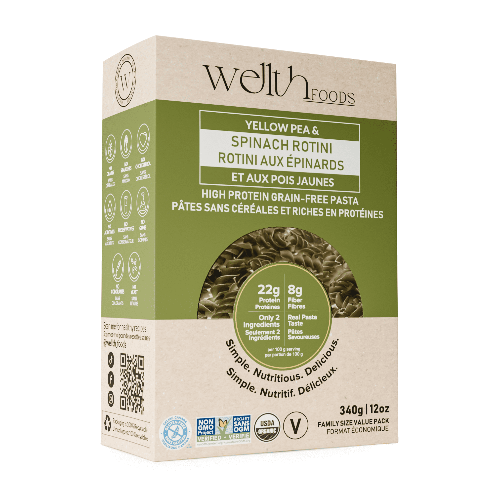 Wellth Foods Organic Spinach Rotini Pasta, High Protein Grain Free Pasta, Gluten Free Yellow Pea & Spinach Pasta, 22g Protein, 8g Fiber, Organic Vegan Kosher Halal Pasta, 12 oz Family Size Box