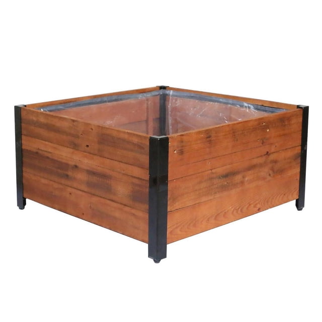 Grapevine Urban Garden Low Profile Planter, FSC recycled wood, 30IN square natural brown planter box with recycled pine pallet wood panels and black powder-coated steel legs, featuring a removable clear plastic liner for easy filling and cleaning, shown in a 3/4 angle on white background, suitable for outdoor gardening and often used for growing flowers, vegetables, or decorative plants.