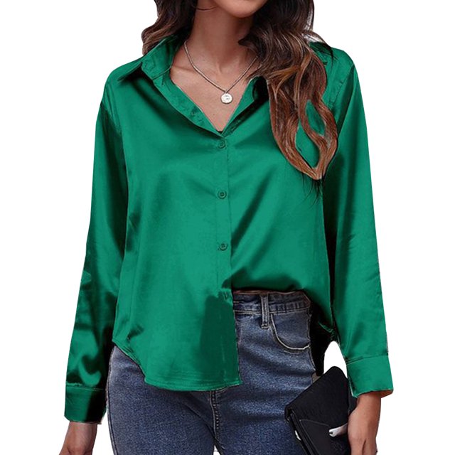 Innerwin Tops Lapel Neck Women Shirts Work Button Down Single Breasted Blouse Green 2XL