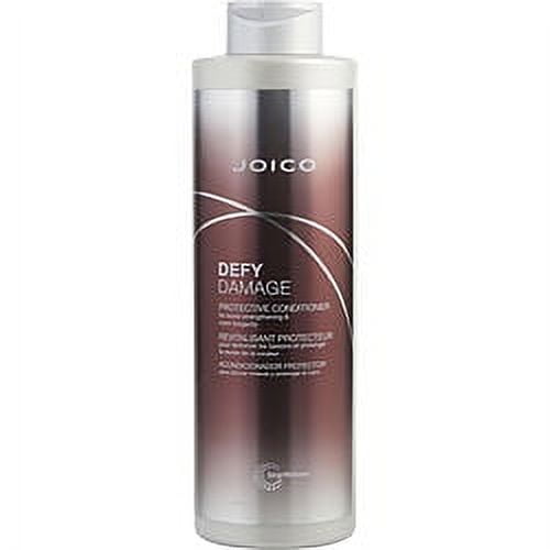 Defy Damage Protective Conditioner by Joico for Unisex in a 33.8 oz bottle. The conditioner features a sleek multicolour design with a metallic finish and white text. It is formulated to restore softness, boost moisture, and protect hair from daily damage. The bottle has a flip-top cap for easy dispensing.