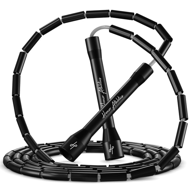 Honor Athletics 2.0 Beaded Jump Rope in Black Wave design, an aerobic fitness accessory with adjustable length, unbreakable 5-inch polymer handles, and shatterproof 1-inch beads. The rope features a superior 3.8mm inner thickness for enhanced durability and fitness training. Suitable for individuals up to 6'4" tall.