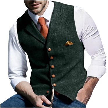 Pisexur Men's V-Neck Suit Vest Business Formal Plaid Dress Casual Slim Fit Dress 6 Button Vest Waistcoat With Pocket for Suit or Tuxedo
