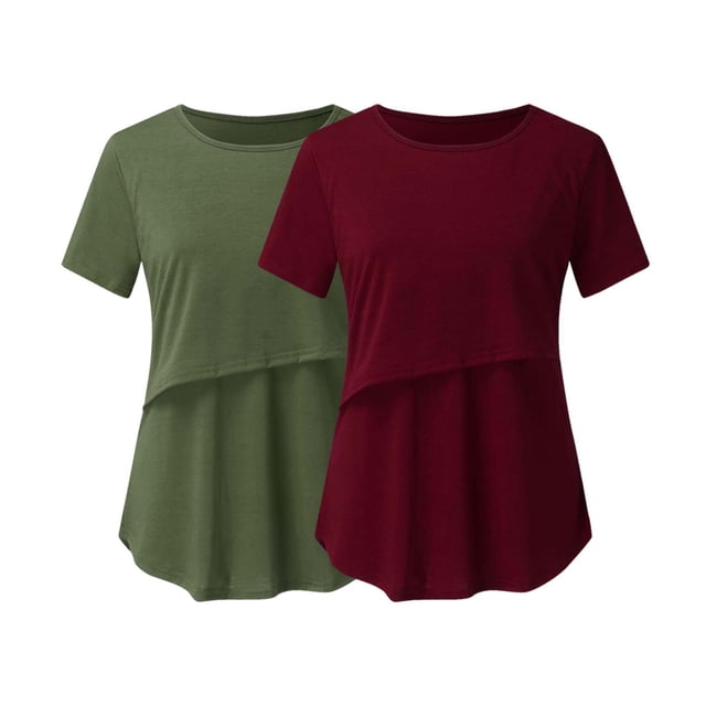 Chemises à Manches Courtes pour Femmes, Conçues pour les Femmes Enceintes et Qui Allaitent, avec une Couleur Unie, Col Rond et Bretelles Croisées pour un Allaitement Facile. l'Ensemble Comprend Deux blouses en Vert et Bourgogne, Fabriqué en Tissu Doux et Extensible avec des Plis sur les Côtés pour un Ajustement flexible à Toutes les Étapes de la Grossesse. Convient aux occasions Décontractées comme le Port Quotidien, les Voyages Ou le Magasinage.