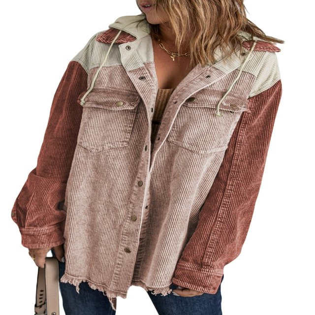 Womens Corduroy Shacket Jacket Long Sleeve Button Down Color Block Hooded Coat with Pockets