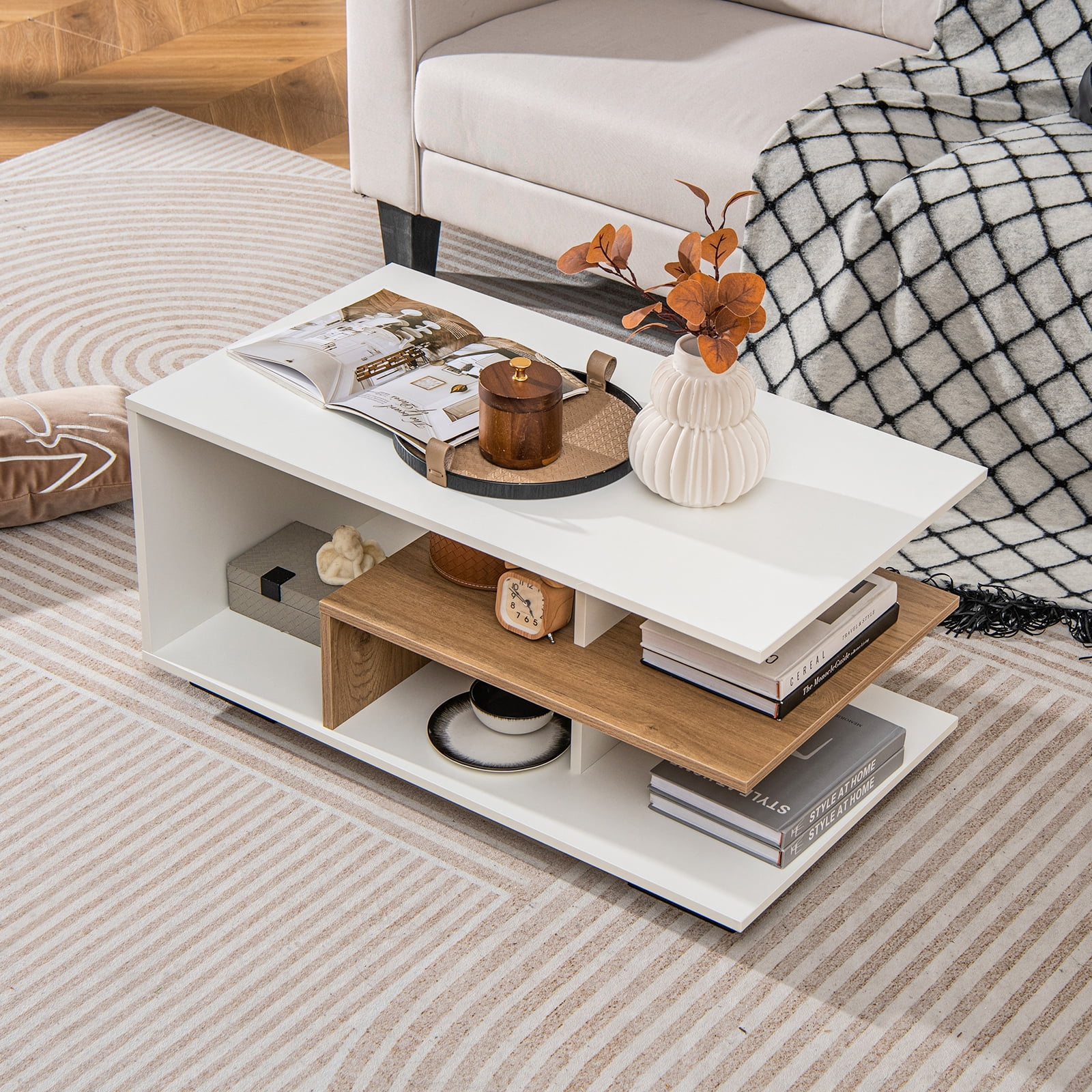 Giantex Rectangular Accent Table, Coffee Table w/L-Shaped Middle