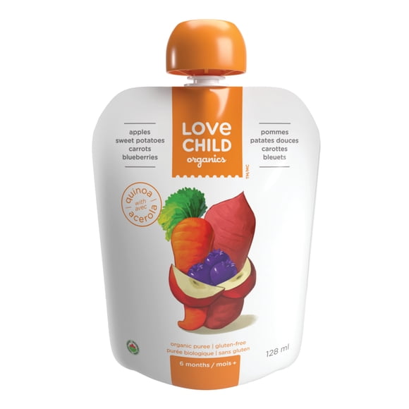 Purée pommes, patates douces, carottes + bleuets Superblends Love Child Organics, 128 ml, sachet