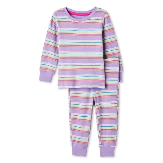 George Ensemble de Pyjama Deux Pièces pour Bébé Fille avec Haut à Manches Longues à Col Ras du Cou et Pantalon jogger Assorti en Tricot Côtelé Doux 100 % Coton avec Rayures Horizontales pastel Multicolores sur Lavande, Taille Élastique et Poignets Ajustés pour un Ajustement Sûr et Confortable.