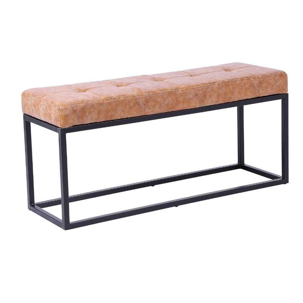 Banc Oli Tan avec cadre noir, revêtement en cuir au fini beige vieilli, pouf élégant, banc rectangulaire, banc d'intérieur, idéal pour la salle à manger, le salon, la chambre, l'entrée, le couloir