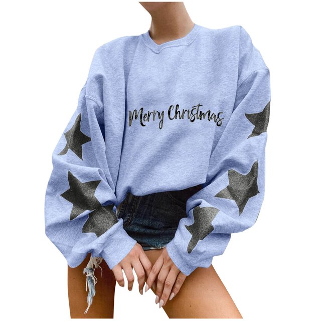 Pisexur Chandails en Molleton de Noël pour Femmes Manches Longues Col Rond Mode Étoiles Imprimé Vacances Chandail Décontracté Ample Automne
