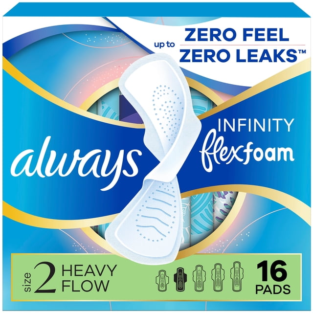 Always Infinity FlexFoam Pads for Women, Size 2, Heavy Pad with Wings, Unscented, 16 Count. Centered front view of a sealed 16-count retail pack showing the Always logo and product name; packaging shows a white pad silhouette with wings and text noting heavy absorbency and unscented, photographed on a neutral background. Suitable for discreet daytime period protection in a purse or travel kit.