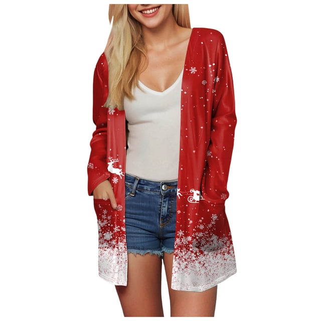 WUANDIXFA Cardigans pour Femmes, Imprimé de Noël, Cardigan à Poches, Manches Longues, Longueur Midi, Cardigan Décontracté, Rouge Melon D\'eau, m