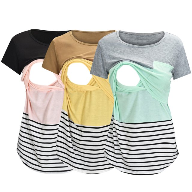 Kcodviy T-Shirt de Maternité pour Femmes à Manches Courtes, Grande Taille, Col Rond, Rayé Imprimé, 4X Hauts de Maternité T-Shirt pour Allaitement Extra Long, Lot de 3