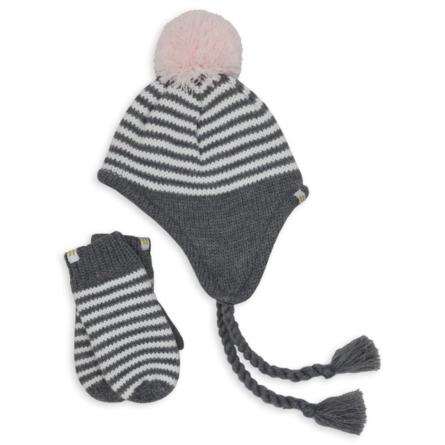 Hot Paws 2-piece set earflap hat and mittens with dark gray and white stripes, a pink pom-pom on the knitted hat, braided tassels, and fingerless mittens made from recycled polyester and acrylic, designed for warmth and comfort during children's outdoor winter activities in Canada.