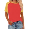 thumbnail image 1 of T-Shirts Raglan d'Été pour Femmes à Blocs de Couleur, Grande Taille, T-Shirts de Baseball Décontractés à Manches Courtes, Coupe Ample, Chandail à Enfiler, Rouge Melon D\'eau, S, 1 of 5
