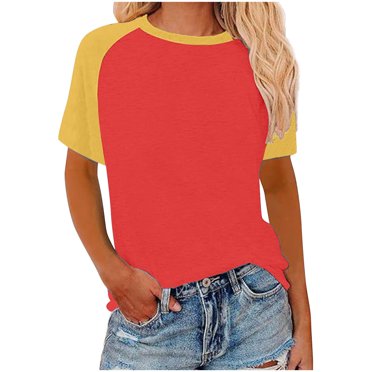 Lmnyox T-Shirt Décontracté pour Femme à Blocs de Couleur, Épaules Tombantes, Col Rond, Manches Courtes, Chandail à Enfiler, T-Shirt Tendance d'Été