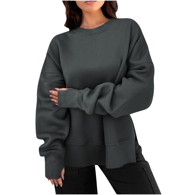 Timegard Chandail pour Femmes à Manches Longues, Fente Latérale, Col Ras du Cou, Coupe Ample, Chandail d'Automne et d'Hiver, Hauts Amples