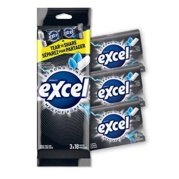EXCEL, Strong Mint Flavoured Sugar Free Chewing Gum, 18 Pieces, 3 Packs