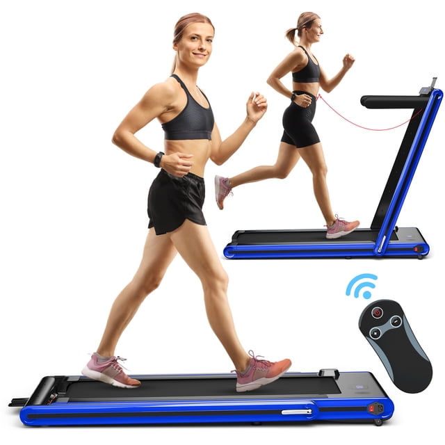 Costway 2-in-1 Folding Treadmill 2.25HP Jogging Machine in blue, shown in both walking and running modes. Features a dual LED display, remote control, and a 5-layer shockproof running belt. Compact foldable design with built-in wheels for easy storage. Includes Bluetooth connectivity for app control and a phone holder with a Bluetooth speaker.