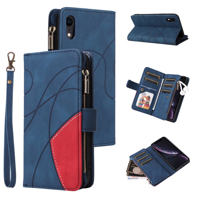 Compatible avec iPhone XR Étui Portefeuille avec Fentes pour Cartes en Cuir PU Fermeture Éclair Folio Rabattable