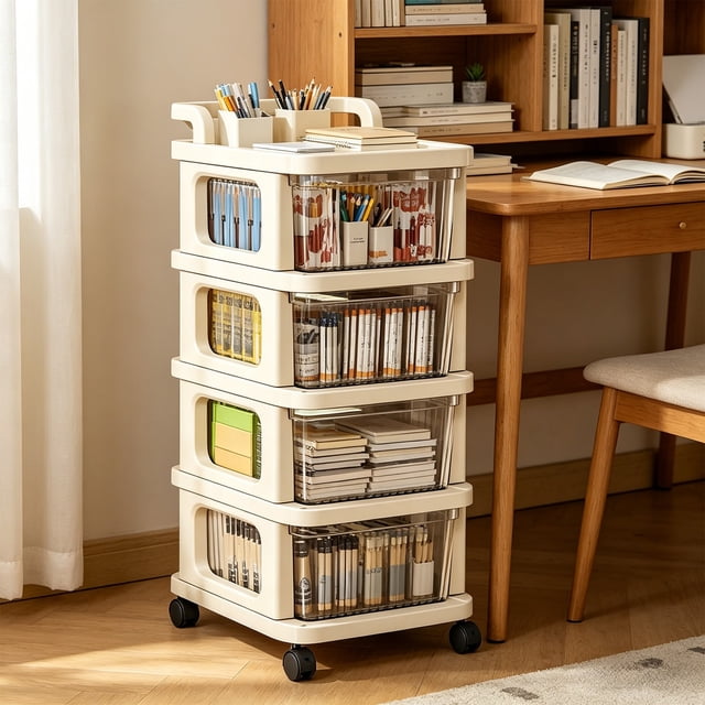 Chariot de Rangement Roulant avec 2 à 5 Tiroirs en Plastique, Organisateur Mobile avec Roues, Unité de Rangement Compacte à Étages pour Collations, Jouets et Articles Ménagers, 30x22x37-77 cm