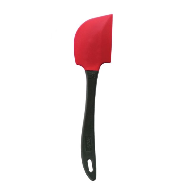 Lekue Heat Resistant Spatula 20.5 cm with a red 100% silicone flexible head and black ergonomic handle featuring a hanging hole, designed for hygienic kitchen use and ideal for finishing, spreading, and mixing dishes.