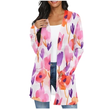 Hot Pink Womens Cardigan T Shirts Print Loose Fit Tee Tops for Women Long Sleeve Spandex Casual Fall Winter Tee Shirt 2025 Clothing Trendy XXL