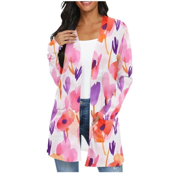 Hot Pink Womens Cardigan T Shirts Print Loose Fit Tee Tops for Women Long Sleeve Spandex Casual Fall Winter Tee Shirt 2025 Clothing Trendy XXL