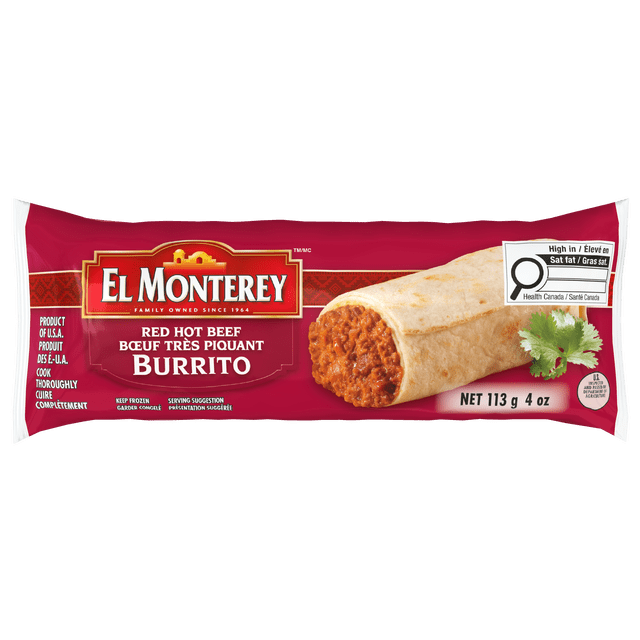 El Monterey Red Hot Beef Frozen Burrito in red packaging with gold trim, showing a front-facing view of the oven-baked tortilla partially unwrapped to reveal spicy beef filling, labeled 113 g 4 oz, featuring Health Canada high saturated fat symbol, suitable for quick frozen meals.