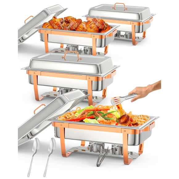 Towallmark Chafing Dish for Buffet Set, 4 Packs 8 Qt Chafers and Buffet Warmers Sets With Folding Frame, Spoon & Tweezer for Weddings Parties Banquets Catering Events, Rose Gold