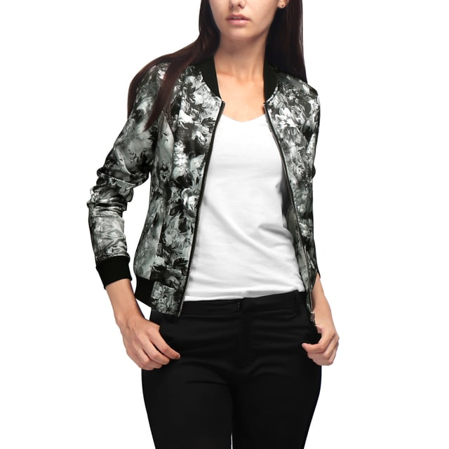 INSPIRE CHIC Blouson Bomber Court à Imprimés Floraux pour Femme à Col Montant à Fermeture à Glissière