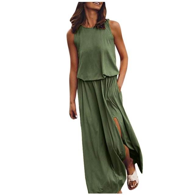 KIHOUT Robes d'Été pour Femmes, Mode Dames Aguichant Été Décontractée Sans Manches Unie Robe à Fente Verte m