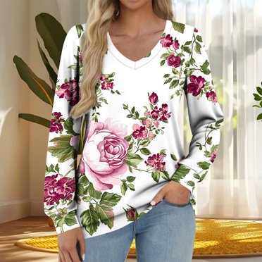 Pisexur Long Sleeve Shirt Women High-Quality Fabric Womens Tops Women's Fashionable Printed T-shirt Long Sleeves V-Neck Comfortable And Casual Loose Top Purple,S