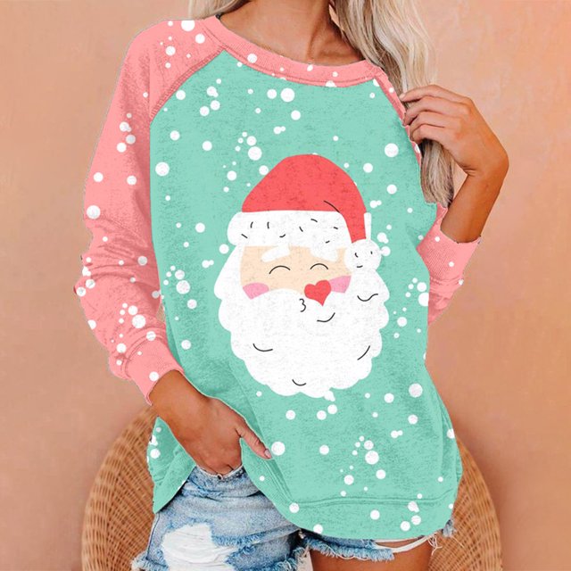 Costumes de Noël en Liquidation Mode Blouse à Manches Longues Imprimée de Noël Col Rond Chandail Décontracté Hauts Chandails Molletonnés Chandail Surdimensionné pour Femmes