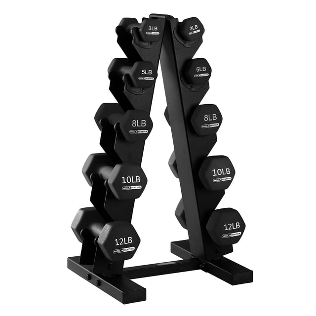 HolaHatha Neoprene Coated Dumbbell Free Hand Weight Set with Storage Rack, Black. This set includes 5 pairs of hexagonal dumbbells in weights of 3, 5, 8, 10, and 12 pounds, all coated in black neoprene for a secure grip. The dumbbells are displayed on a compact, vertical storage rack designed for home gym organization. The hexagonal design prevents rolling, and the neoprene coating ensures durability and comfort during workouts. Ideal for strength training, cardio, and toning exercises.