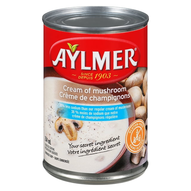 Aylmer Soupe Condensée à Teneur Réduite en sodium Crème de Champignon, Boîte de 284 ml avec une Boîte Métallique Orientée vers l'Avant Présentant une Étiquette Rouge Affichant le logo Aylmer, Texte Bilingue de Soupe à la Crème de Champignon, une Bannière Bleue Mettant en Valeur 38 % Moins de sodium, une Icône Sans Gluten, et des images de Champignons et de Soupe Crémeuse, Convient au Rangement du Garde-Manger et à la Cuisson.
