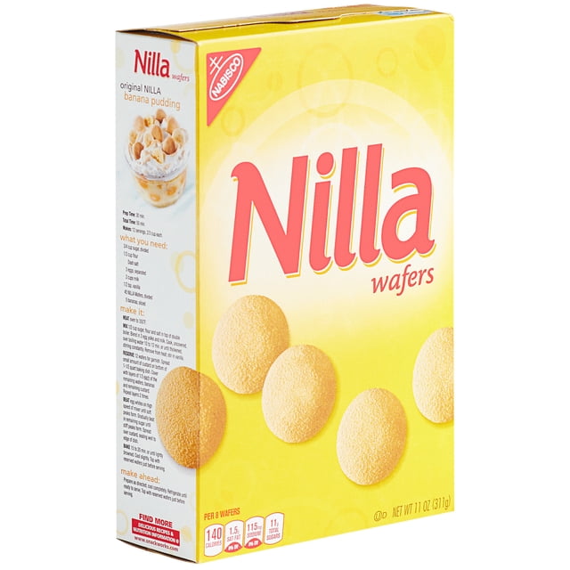 Nabisco Nilla Wafer Cookies 11 oz. Box - 12/Case. A bright yellow box featuring the Nabisco logo and the Nilla wafers branding in bold red text. The box displays an image of golden, round wafer cookies and a serving suggestion of banana pudding. Ideal for snacking or as a dessert topping, these wafers offer a subtle vanilla flavor and 0 grams of trans fat per serving.
