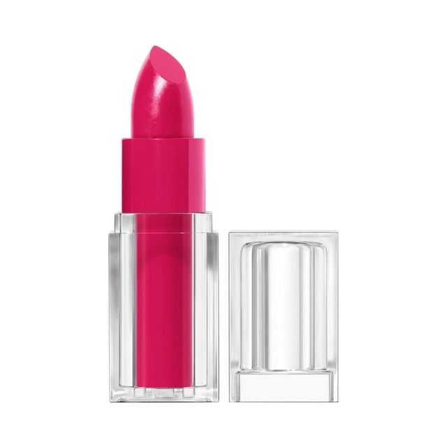Clean Lip Color satin finish lipstick in vivid bright pink shade, encased in a clear rectangular plastic tube with matching transparent cap, featuring a 24-hour wear formula enriched with 3% squalane, avocado, and aloe for smooth, non-drying, moisture-rich lip color