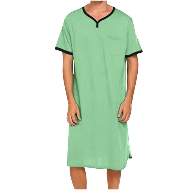 Chemise de Nuit Texturée en Coton pour Hommes, Robe de Nuit à Manches Courtes, Longue Robe, Blouse à Col en V, Haut de Pyjama, Coupe Ample et Décontractée, Confort, Chemise de Nuit Décontractée avec Poches