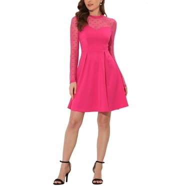 INSPIRE CHIC Robe Patineuse de Fête pour Femme en Maille Transparente à Manches Transparentes avec Cœurs S Rose Vif