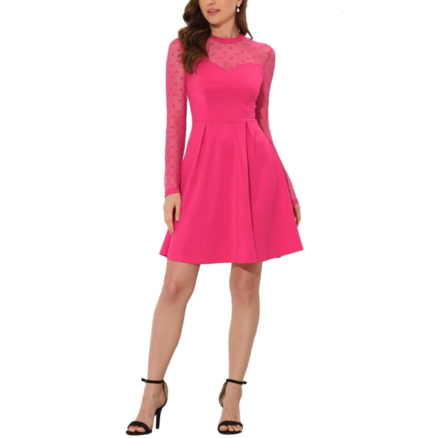 INSPIRE CHIC Robe Patineuse de Fête pour Femme en Maille Transparente à Manches Transparentes avec Cœurs TG Rose Vif