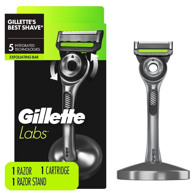 GilletteLabs with Exfoliating Bar by Gillette razor for men featuring one silver handle with black grip, green exfoliating bar above the blades, one razor blade refill, and a premium magnetic stand with 2D FlexDisc technology for contouring to the face.