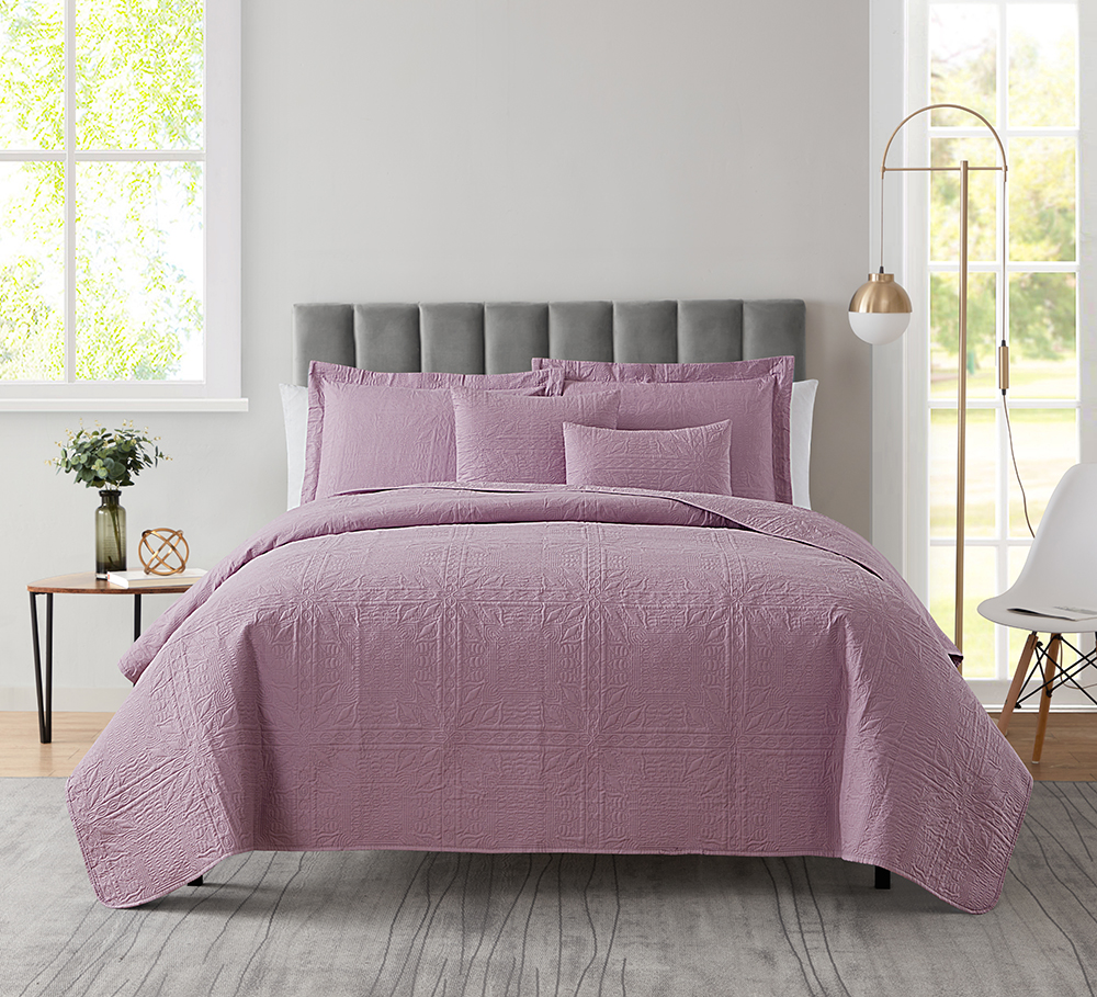Clara Clark Home Quilt Set Bedspread - Ultra Soft Microfiber Embossed Grid Weave Pinsonic Lightweight - Quilted Comforter 5 Piece Bedding Set - 2 Pillow Shams, 2 Euro Shams - Queen, Lavneder Dream