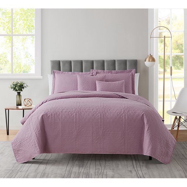 Clara Clark Home Quilt Set Bedspread - Ultra Soft Microfiber Embossed Grid Weave Pinsonic Lightweight - Quilted Comforter 5 Piece Bedding Set - 2 Pillow Shams, 2 Euro Shams - Queen, Lavneder Dream