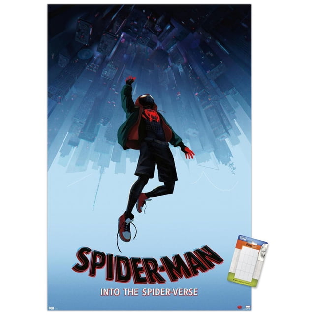Marvel Spider-Man - Into The Spider-Verse - Falling Wall Poster, 22.375" x 34" depicting Spider-Man in a black and red suit with a green jacket and red gloves, falling upside down against an inverted blue city skyline, with bold Spider-Man and Into The Spider-Verse text at the bottom, ideal for bedroom or office wall decor.