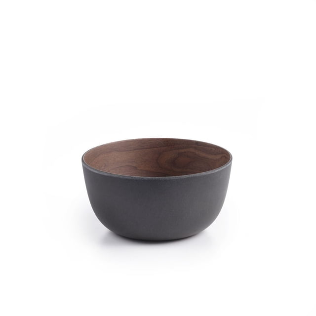 Bamboo Walnut Bowl 14 cm Set of 4 with a single round serving bowl showing a matte black exterior and natural walnut wood grain interior, made from eco-friendly, food-safe bamboo fibre, lightweight and dishwasher safe, suitable for dining and entertaining.