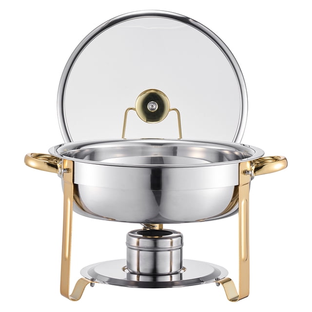 KFFKFF Ensemble de Plats à Friction pour Buffet, 5 Qt Lot de 4, Réchaud en Acier Inoxydable avec 4 Poêles Format Double, Réchaud Rond pour Traiteur avec Couvercle en Verre, Casserole à Eau Support Pliant Porte-Carburant