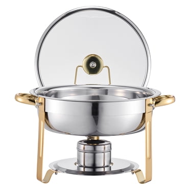KFFKFF Ensemble de Plats à Friction pour Buffet, 5 Qt Lot de 4, Réchaud en Acier Inoxydable avec 4 Poêles Format Double, Réchaud Rond pour Traiteur avec Couvercle en Verre, Casserole à Eau Support Pliant Porte-Carburant