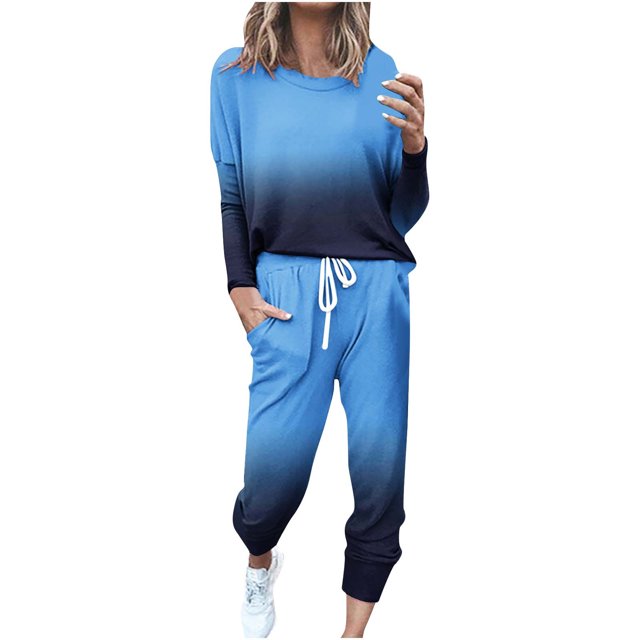 Yuyuzo Women's Fall 2 Piece Outfit Patchwork Color-Block Long Sleeve Tops and Cinch Bottom Pants Lounge Sets